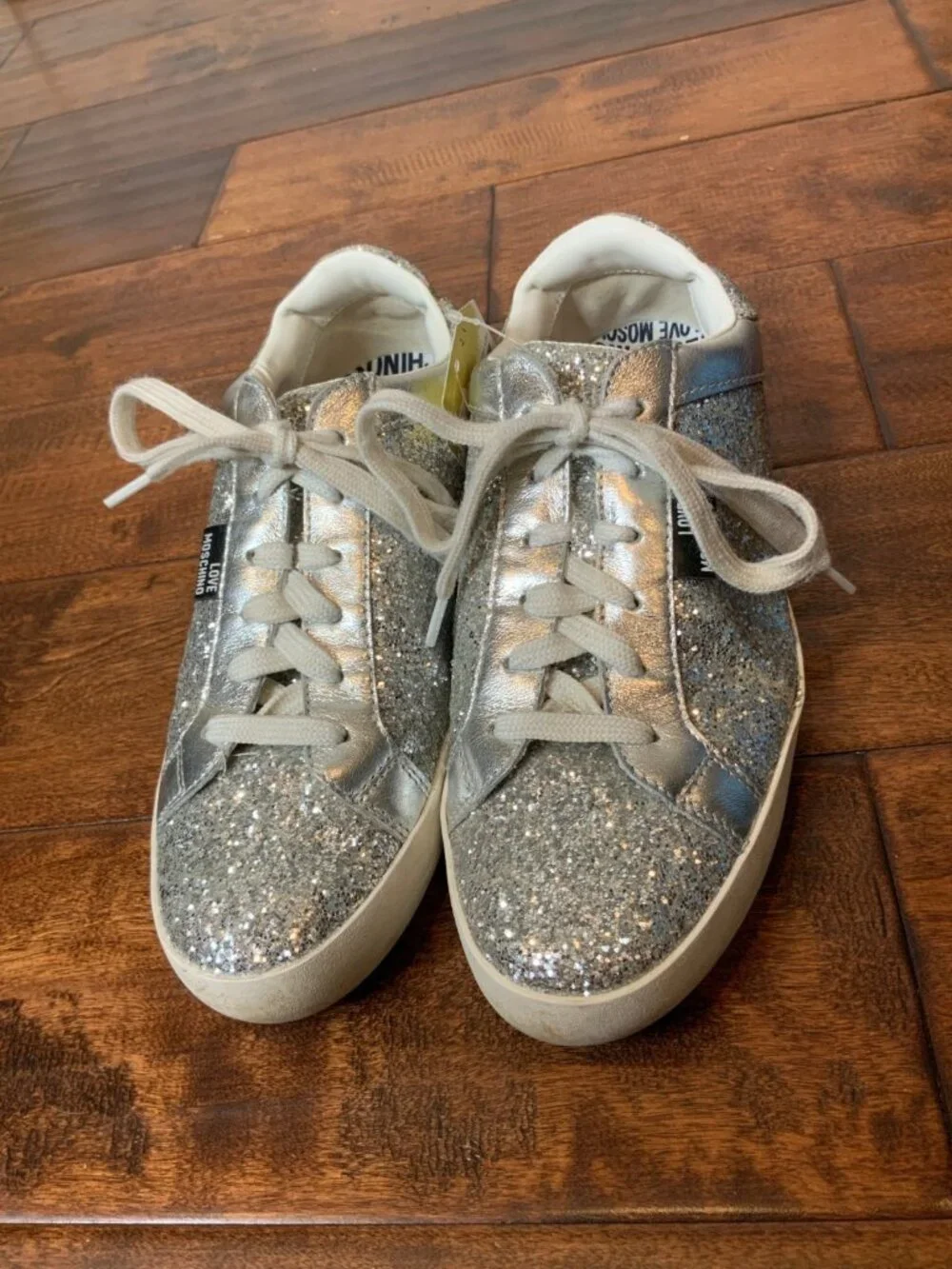 Love Moschino Silver Glitter Lace-Up Sneakers, Size 9 | 39